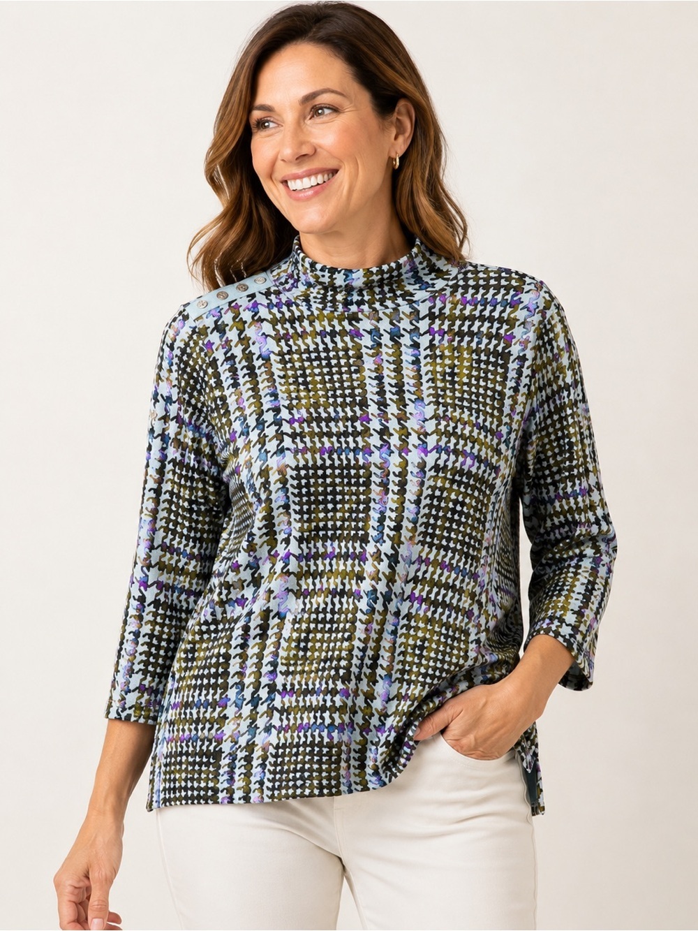 Estate by Isaac Mizrahi Live!  Printed Mock Neck Button Shoulder Top Size Medium